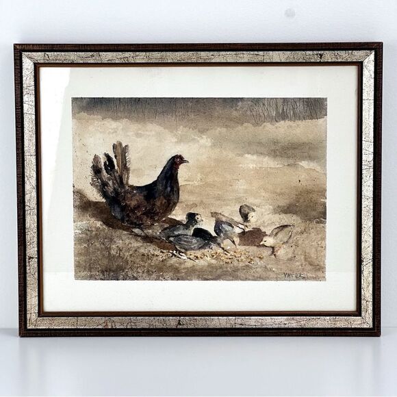 DENNIS T. YATES WATERCOLOR ON PAPER CHICKEN WITH CHICKS PAINTING